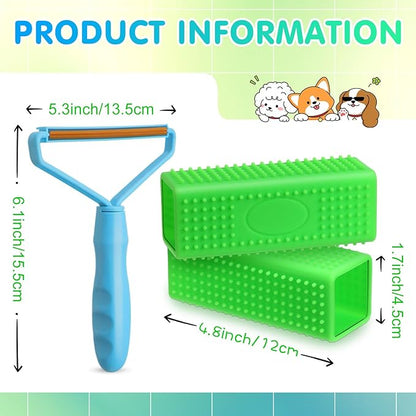 Honeydak 3 Pieces Hair Remover Tool Dog Hair Remover Pro Silicone Cleaner Brush Roller Fuzz Hairball Brush for Carpet Rake, Car Mat, Couch, Pet Bed, Clothes(Green, Light Blue)