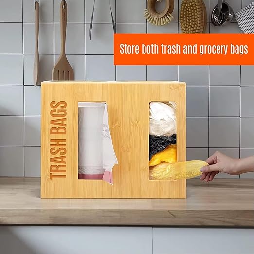 Bamboo Trash Bag Dispenser, Wall Mount Holder for 2 Rolls, Kitchen Garbage Bag Organizer, 12.3 x 10 x 6.3 Inches (Black)