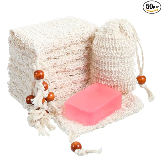 cobee 50 Pcs Soap Saver Bags, Mesh Exfoliating Bar Soap Pouch Sisal Soap Saver Drawstring Soap Holder Plastic-Free for Shower Soap Foaming and Drying