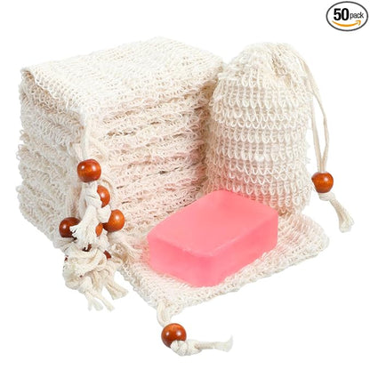 cobee 50 Pcs Soap Saver Bags, Mesh Exfoliating Bar Soap Pouch Sisal Soap Saver Drawstring Soap Holder Plastic-Free for Shower Soap Foaming and Drying