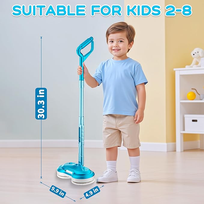 BLAXTEM Kids Electric Spray Spin Mop Toy, Rechargeable Cordless Electric Mop W/ LED Headlight & Water Sprayer for Children Boys & Girls, Cleaning Toy for Pretend Play (Light Blue)