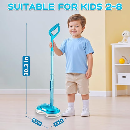 BLAXTEM Kids Electric Spray Spin Mop Toy, Rechargeable Cordless Electric Mop W/ LED Headlight & Water Sprayer for Children Boys & Girls, Cleaning Toy for Pretend Play (Light Blue)