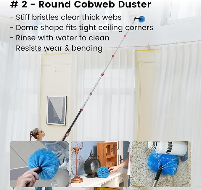 14FT High Reach Cleaning Kit - Includes 12FT Telescoping Extension Pole Bendable Chenille Duster & Microfiber Duster Cobweb Duster Glass Scrubber & Squeegee Swivel Head - for Ceiling Fans Windows
