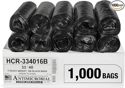 Aluf Plastics High Density Trash Bags, 33 Gallon, 1000 Count, 16 Micron (eq), 33" x 40", Black, for Bathroom, Office, Industrial, Commercial, Janitorial, Municipal, Recycling