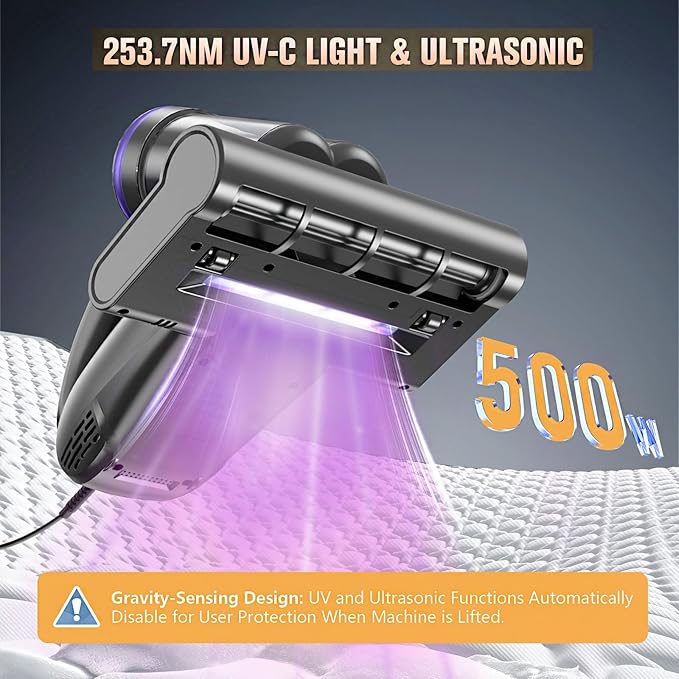 Bed Vacuum Cleaner Mattress Vacuum Cleaner,16Kpa Powerful Handheld Vacuums with UV-C Light & Double Dust Cup & High Heating & Ultrasonic & HEPA Filter for Bed Sofa(Corded,Purple)