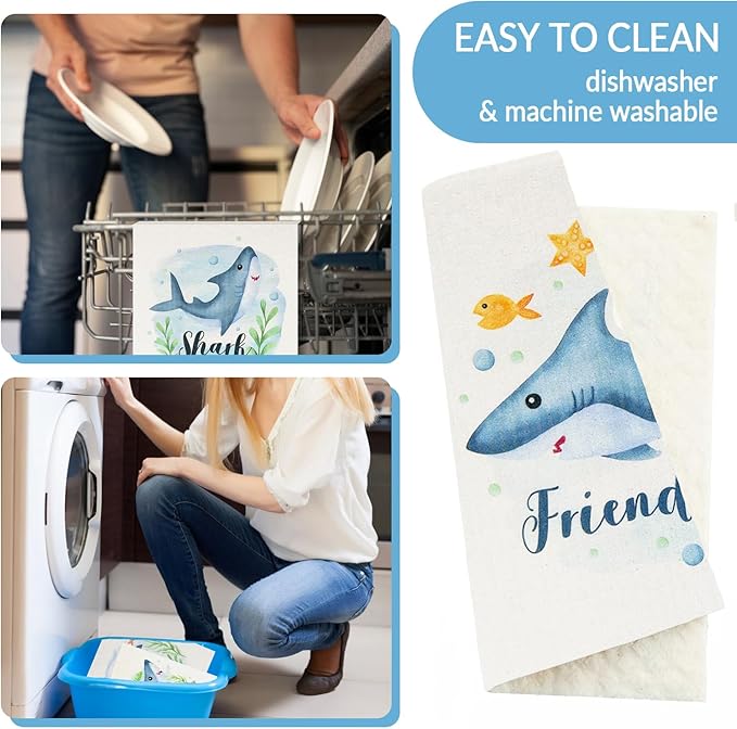 Swedish Dishcloths for Kitchen | 6 Pack Floral Reusable Paper Towels Washable | Swedish Dish Towels | Non-Scratch Cellulose Sponge Cloths | No Odor, Biodegradable Cleaning Cloths, Shark