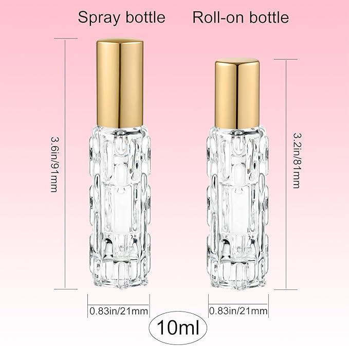 6 Pack Glass Bottles, 3×10ml Roller Bottles & 3×10ml Fine Mist Spray Bottles, Refillable Travel Containers for Essential Oils, Perfume, Liquids (Gold Caps)