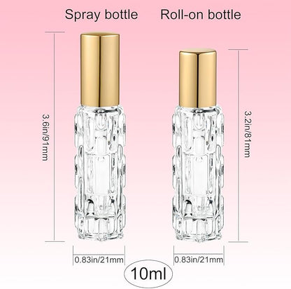 6 Pack Glass Bottles, 3×10ml Roller Bottles & 3×10ml Fine Mist Spray Bottles, Refillable Travel Containers for Essential Oils, Perfume, Liquids (Gold Caps)