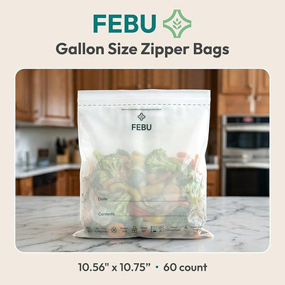 FEBU Gallon Compostable Food Storage Bags, 60 Count | Certified Home Compostable & Biodegradable | PFAS & BPA Free Zipper Bags | Leak-Proof & Resealable | 10.56” x 10.75”