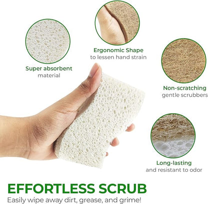AIRNEX Natural Kitchen Sponges (6 Pack) - Biodegradable Cellulose & Coconut Scrubber Dish Sponges for Kitchen - Eco-Friendly, Non Scratch, Compostable, Non Toxic S-Shaped Natural Sponges for Dishes