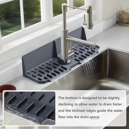Sink Splash Guard Behind Faucet, Silicone Sink Faucet Drying Mat & Dish Soap Sponge Holder, 17" x 5.5" Silicone Kitchen Sink Auto Drain Organizer (Grey)