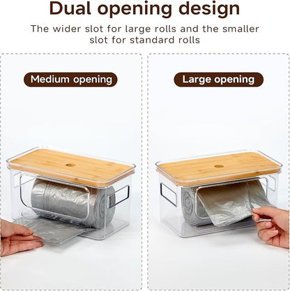 2-Pack Trash Bag Holder,Trash Bag Dispenser with Bamboo Lid, Stackable Acrylic Garbage Bag Dispenser for Under Sink Use in Kitchen, Laundry Room, and Pantry, Large Capacity Garbage Bag Holder