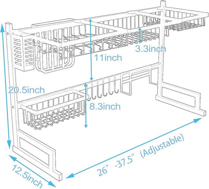 PUSDON Over Sink Dish Drying Rack Stainless Steel, Adjustable Large Dish Drainer for Storage Kitchen Organization Silver 2 Tier - Standard(26"-38")