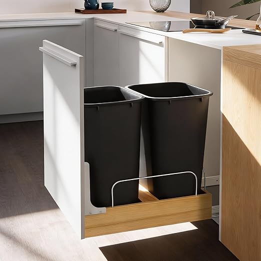 Double Pull Out Trash Can Under Cabinet, Extra Large Dual 48 Qt Bins with Wood Frame, Min Opening Width of 15.5" - Pull Out Garbage Can for Kitchen Cabinet with Soft-Close Slide Out Trash Can Cabinet