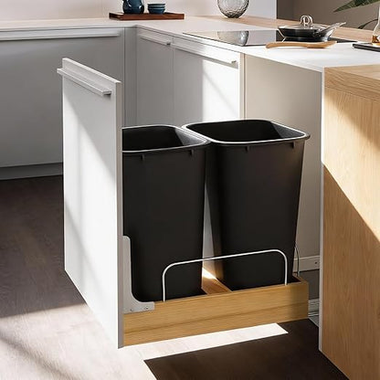Double Pull Out Trash Can Under Cabinet, Extra Large Dual 48 Qt Bins with Wood Frame, Min Opening Width of 15.5" - Pull Out Garbage Can for Kitchen Cabinet with Soft-Close Slide Out Trash Can Cabinet