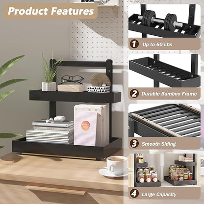 Bamboo Under Sink Storage 2 Tier Pull Out Cabinet Organizer Slide Out Under Sink Storage Shelf Undersink Organizers Shelves for Kitchen Bathroom Organization (Black, 2 Packs)