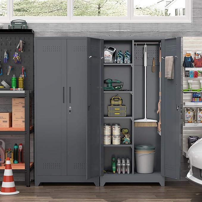 Metal Storage Cabinet with Lock,72" Garage Storage Cabinets with Hanging Rod & S-Hooks,Large Storage Cabinet with Shelves,Locking Tool Utility Closet for Home,Garage,Utility Room,Dark Grey