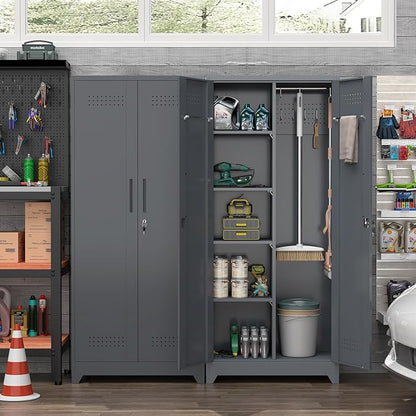 Metal Storage Cabinet with Lock,72" Garage Storage Cabinets with Hanging Rod & S-Hooks,Large Storage Cabinet with Shelves,Locking Tool Utility Closet for Home,Garage,Utility Room,Dark Grey