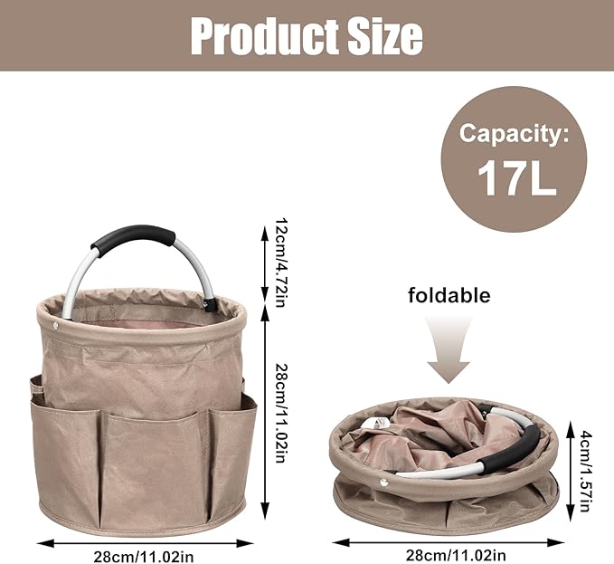 17L Portable Cleaning Bucket Organiser, 6 Pockets Foldable Cleaning Caddy with Handle Wearable Cleaning Caddy Bag for Outdoor Camping Garden Harvest Basket Home Bathroom Storage (Khaki)