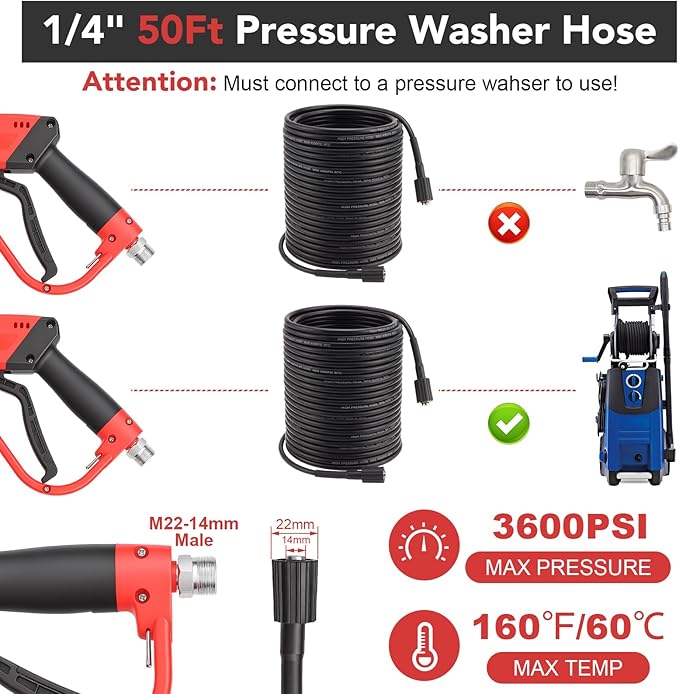 Pressure Washer Gun and Hose Kit, 3600PSI 50Ft Pressure Washer Hose with Foam Cannon & 2Pcs Extension Wand & 5Pcs Nozzle Tips & M22-15mm Fittings for Car Wash Driveway House
