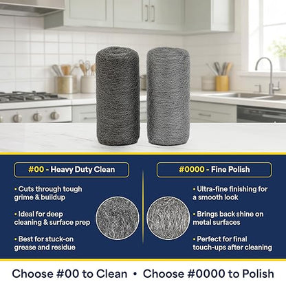 Steel Wool Cleaning & Polishing Kit, 6Pcs 00 & 6Pcs 0000 Steel Wool Pads with Brush, 2 Microfiber Cloths & 12 Pairs Nitrile Gloves, 0000 Steelwool for Wood, Metal, Cookware, Grill & Tools