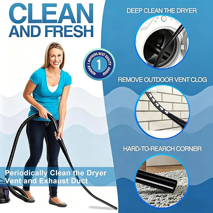 Dryer Vent Cleaner Kit: Vacuum Hose With Brush & Gloves Fits for Vacuums Cleaner, Refrigerator Condenser Coils, and Tight Spaces Behind Appliances, Deep Cleaning Tools for Clogged Ducts-Black