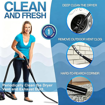 Dryer Vent Cleaner Kit: Vacuum Hose With Brush & Gloves Fits for Vacuums Cleaner, Refrigerator Condenser Coils, and Tight Spaces Behind Appliances, Deep Cleaning Tools for Clogged Ducts-Black