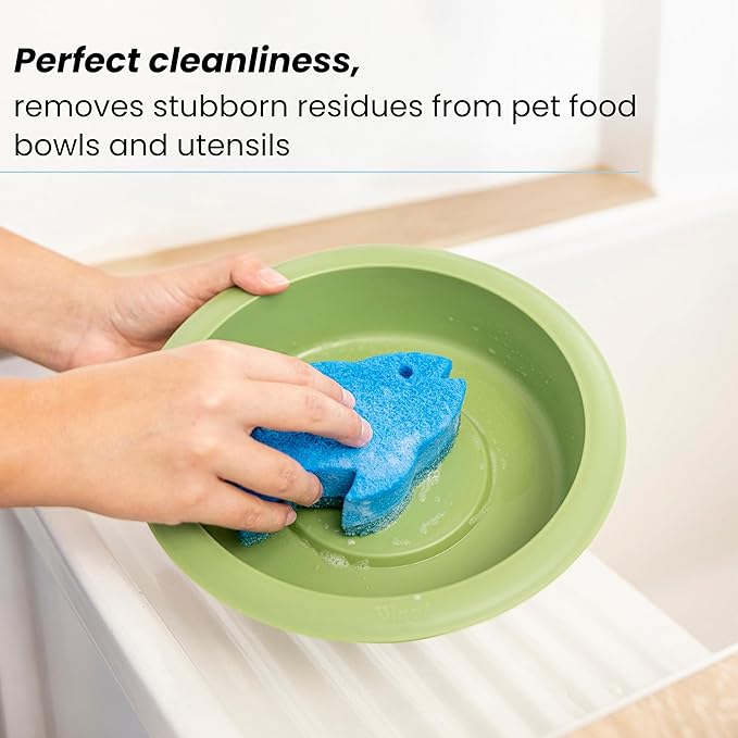 Vigar Pets Scrubber Sponge Set for Pet Bowls - Set of 4 Fish-Shaped Non-Scratch Dish Sponge for Dog & Cat Feeding Bowls, Double-Sided Reusable Scrub Sponges for Cleaning Dishes & Pet Plates - Blue