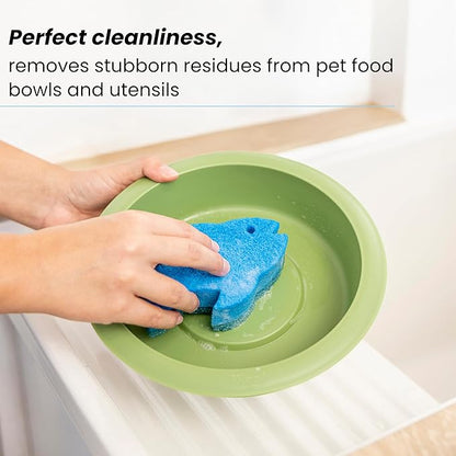 Vigar Pets Scrubber Sponge Set for Pet Bowls - Set of 4 Fish-Shaped Non-Scratch Dish Sponge for Dog & Cat Feeding Bowls, Double-Sided Reusable Scrub Sponges for Cleaning Dishes & Pet Plates - Blue