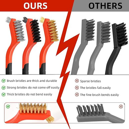 3pcs Wire Brushes for Cleaning Rust, Upgrade Wire Brush Set - Brass/Stainless Steel/Nylon Bristles, Small Metal Wire Brush with Curved Handle Grip, Wire Brushes for Paint and Stain, 7 Inches (3pcs)