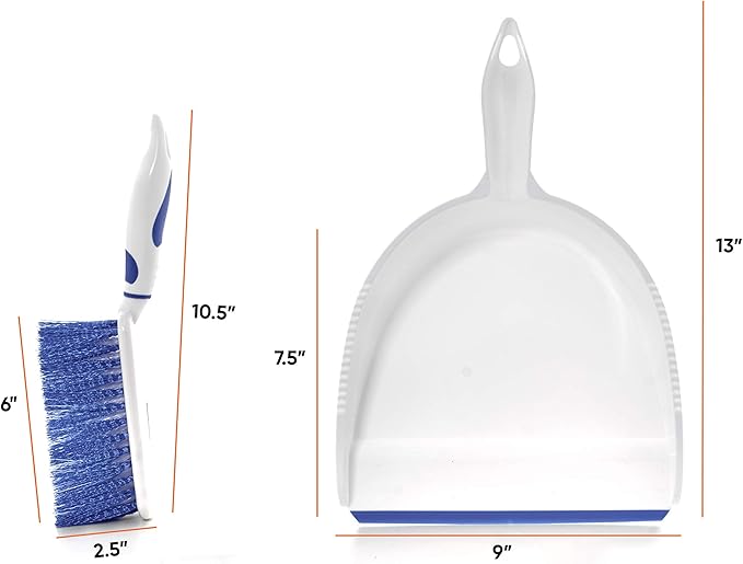Dustpan and Brush Set, Hand Broom with Ergonomic Grip Handle - Rubber Edge for Easy Dirt Pickup, Durable Material - Blue Hand Brush by Superio