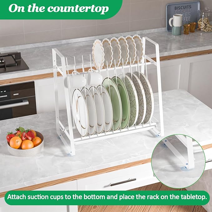 Dish Drying Rack with Drainboard, 11 Slots Upright 2-Tier Plate Organizer, Countertop/Wall-Mounted Kitchen Dish Holder