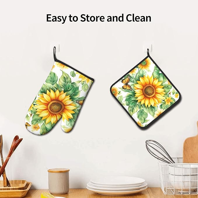 Sunflower Oven Mitts and Pot Holders Sets Watercolor Yellow Floral Plant Kitchen Gloves Hot Pads 2 Pieces Set Spring Summer Farmhouse Kitchen Decor and Accessories