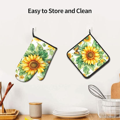 Sunflower Oven Mitts and Pot Holders Sets Watercolor Yellow Floral Plant Kitchen Gloves Hot Pads 2 Pieces Set Spring Summer Farmhouse Kitchen Decor and Accessories