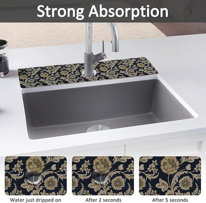 24" X 5.5" Kitchen Sink Splash Guard Faucet Mat Floral Flower Super Absorbent Fast Drying Faucet Guard & Draining Mat Sink Splash Guard Behind Faucet for Kitchen, Bathroom