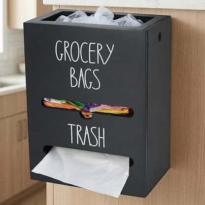 Trash Bag Dispenser, 2-in-1 Wall Mount Wooden Garbage Bag Holder, Under Sink Organizer for 4-13 Gallon Bags & Plastic Grocery Bags, Kitchen Cabinet Storage with Top Slot, Black