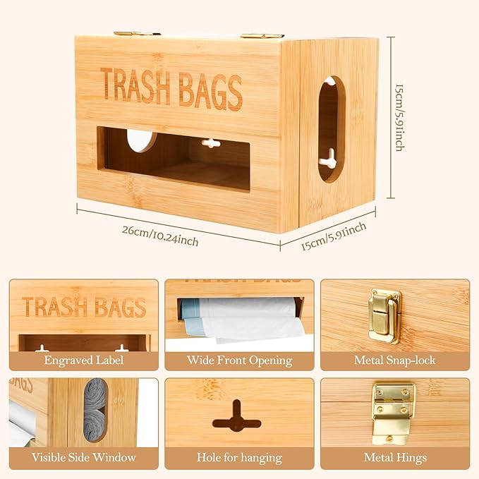 Trash Bag Holder Dispenser - Bamboo Garbage Bag Organizer Wall Mount for Kitchen Cabinet, Extra Large Hanging Trash Bag Roll Storage Container with Lid under Sink