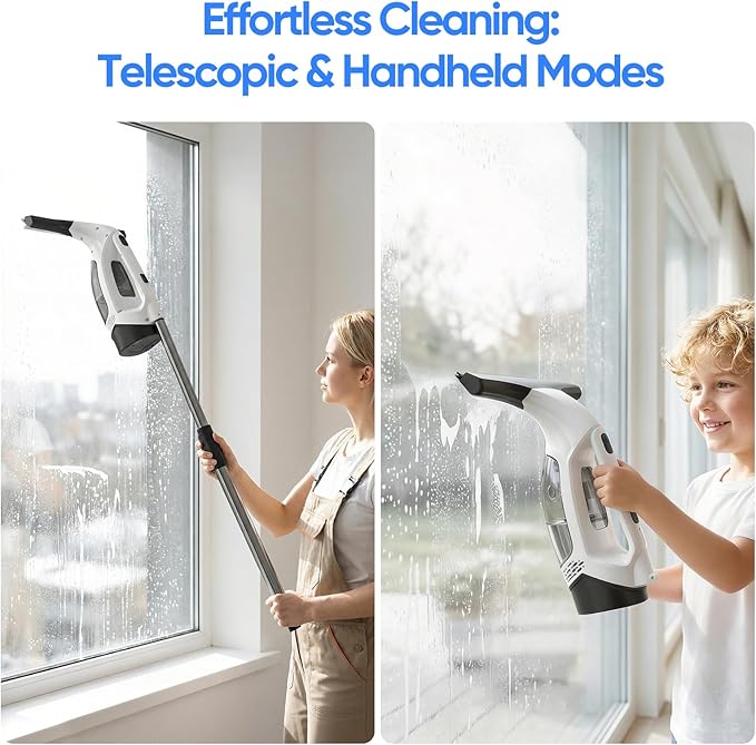 Window Vacuum Cleaner, Cordless Electric Window Cleaner with 2000Pa Streak-Free Suction, 30–40" Extension Pole, 11-Inch Squeegee Tool for High Windows, Shower Glass, Tiles & Mirrors
