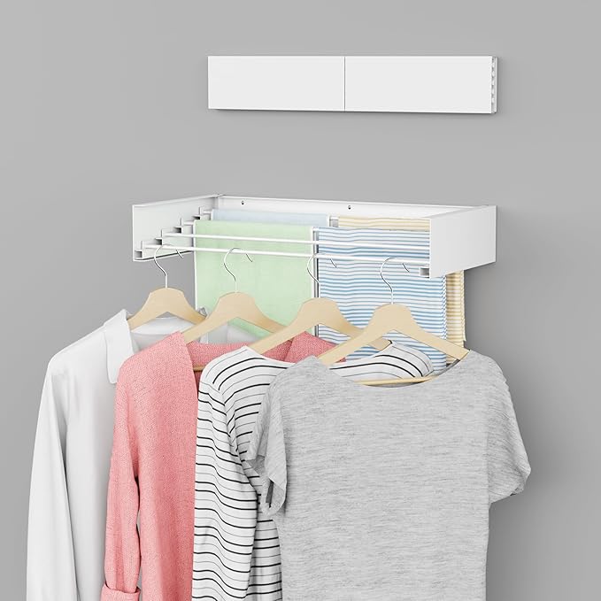 ZMBESUP Wall Mounted Drying Rack, 23.6" Foldable Clothes Drying Rack for Laundry Room Organization, Space Saving Retractable Laundry Rack for Small Space Apartment Bathroom Balcony (White)