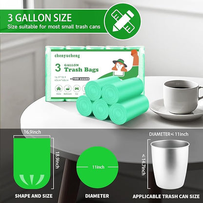 3 Gallon Small Bathroom Trash Bag - Green Mini Garbage Bags Biodegradable Kitchen Office Car Waste Basket Unscented Tiny Liners 100 Count 12 Liter Compostable Strong Thick Chenyucheng