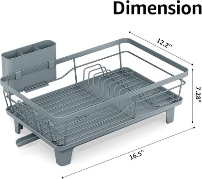 Urackify Dish Drying Rack for Kitchen Counter, Sink Dish Rack with Drainboard, Large Dish Drainer with Cups Holder, Home Countertop Plate Dryer Storage Rack with Cutlery Holder, Blue