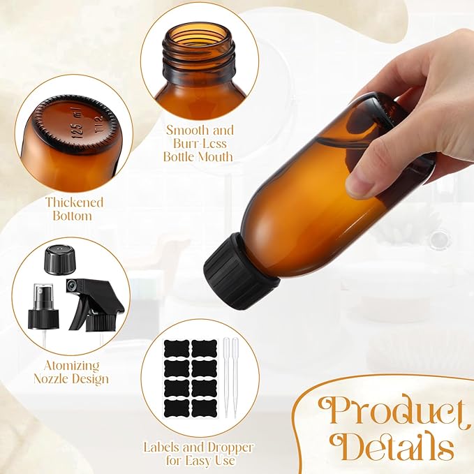 Honeydak 8 Set 4 oz Amber Glass Spray Bottles Kit Small Empty Spray Bottle for Essential Oil Mini Fine Mist Spray Bottle with Nozzle Dropper Label Refillable Container for Cleaning Solutions Skin Care