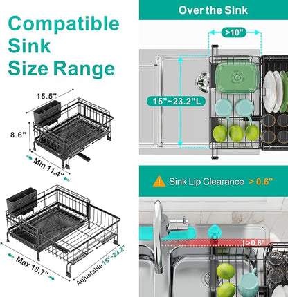 Swedecor Extendable Dish Drying Rack - Compact Dish Rack for Kitchen Counter, Over-The-Sink Dish Strainer with High Enclosed Fence, 360° Swivel Drain Spout, Rustproof, 10"–18.9" L × 15.6" W, Black