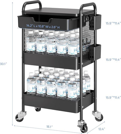 3 Tier Metal Rolling Utility Cart with Drawer & Pegboard - Multifunctional Storage Cart on Wheels with Tabletop, Hooks & Basket, Sturdy Craft & Art Cart for Bathroom, Bedroom, Children Room, Black