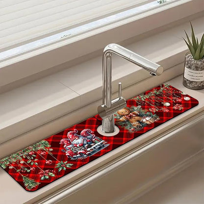 Chrismas Sink Splash Guard Faucet Mat Cute Christmas Absorbent Fast Drying Mat Sink Gadgets Splash Guard Behind Faucet Drip Catcher for Kitchen Bathroom 23.5"X5.5"