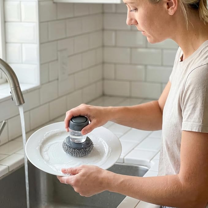 Comfort Grip Soap Dispensing Kitchen Scrub, 2026 Soap Dispenser Cleaning, Soap Dispensing Dish Brush, Replaceable Clean Brush for Cleaning Dishes, Pots, Pans & Sinks (1 + 4pcs Balls)