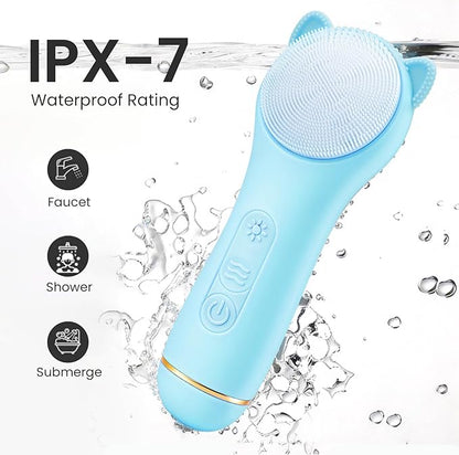 Face Scrubber Facial Cleansing Brush - Silicone Waterproof Rechargeable Electric Exfoliator Scrubber with Heated, 7 Colors LED Light Therapy, Makeup Remover Cleansing and Massaging (Blue)