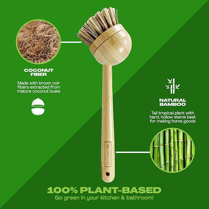 JuneLily Long Coconut Dish Brush Plant-Based Vegan for Kitchen Bathroom Cleaning Produce Washing Dishes (Long Dish Brush)