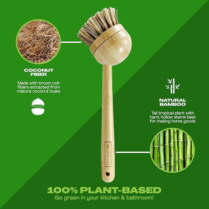 JuneLily Long Coconut Dish Brush Plant-Based Vegan for Kitchen Bathroom Cleaning Produce Washing Dishes (Long Dish Brush & Coconut Brush Head)