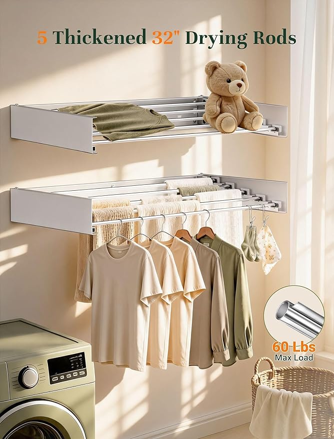 32'' Wall Mounted Clothes Drying Rack, Foldable & Collapsible Wall Mount Laundry Rack w/ 5 Thickened Rods & 4 Hooks, Space Saver Hanging Drying Rack Clothing for Laundry Room Bathroom Indoor